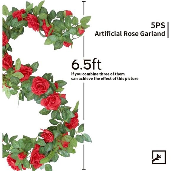 5Pcs 32.5FT Red Rose Garland for Decoration Fake Flower Vines Faux Artificial - Picture 3 of 7